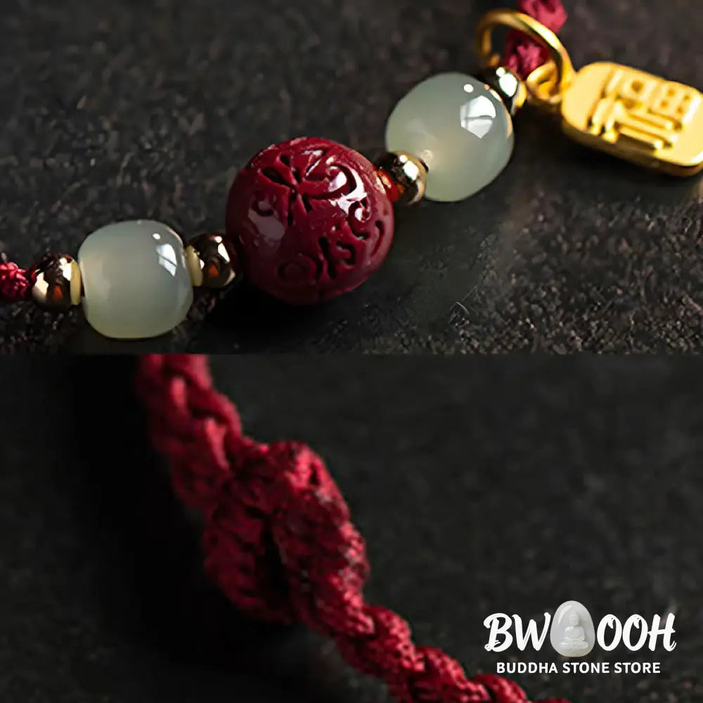 Buddha Stones Fu Character Hetian Jade Bead Om Mani Padme Hum Cinnabar Red String Prosperity Bracelet - Red