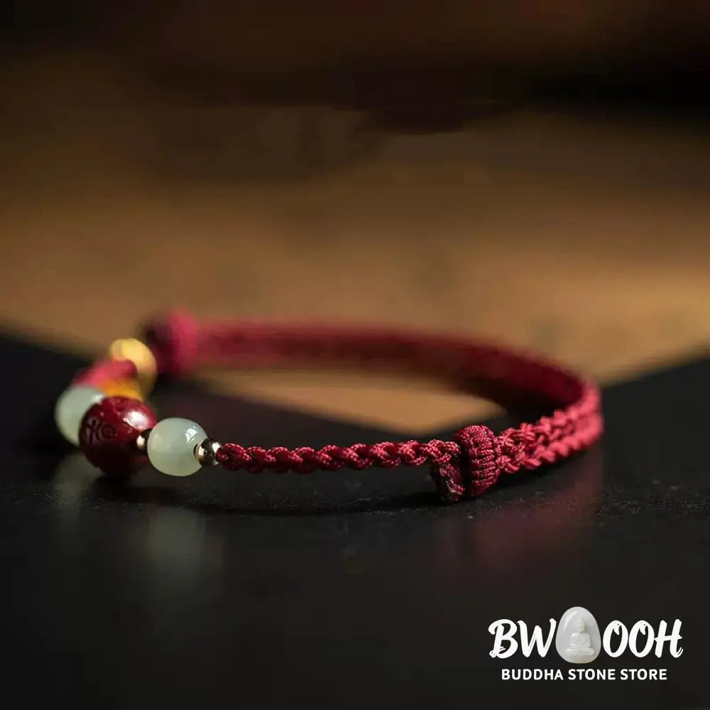 Buddha Stones Fu Character Hetian Jade Bead Om Mani Padme Hum Cinnabar Red String Prosperity Bracelet - Red