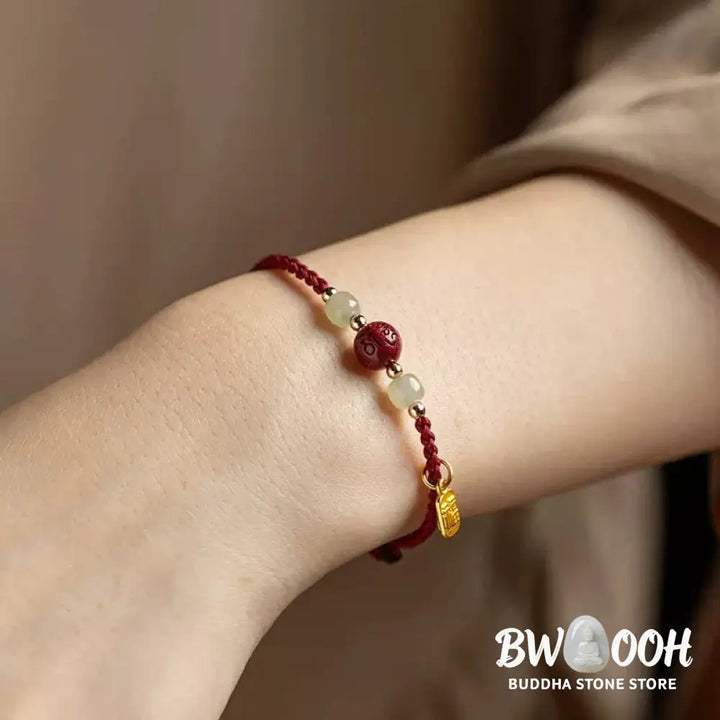 Buddha Stones Fu Character Hetian Jade Bead Om Mani Padme Hum Cinnabar Red String Prosperity Bracelet - Red