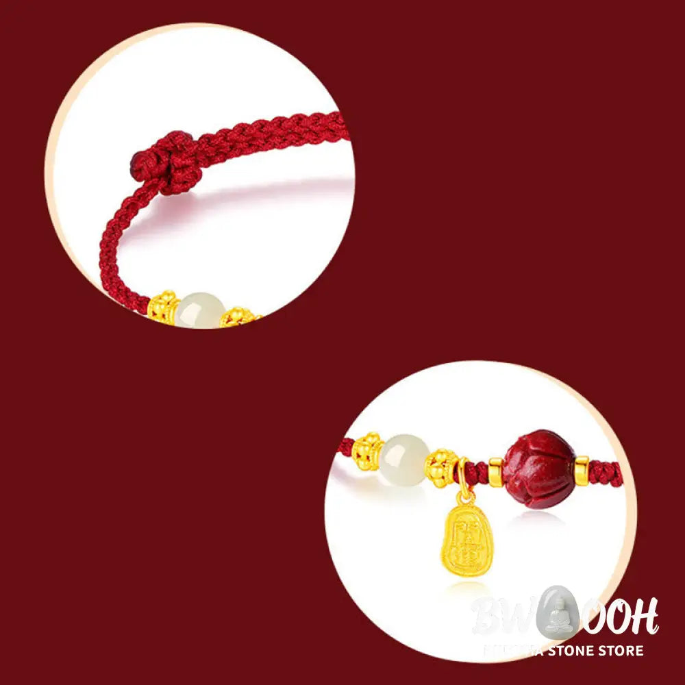 Buddha Stones Fu Character Jade Cinnabar 24K Gold Plated Luck Red String Bracelet - BWOOOH - Jade Cinnabar (Wrist