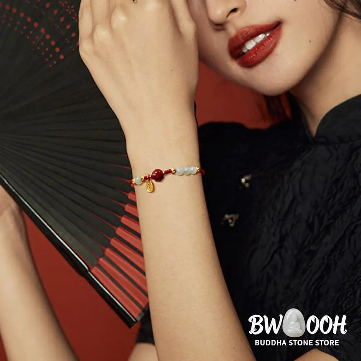 Buddha Stones Fu Character Jade Cinnabar 24K Gold Plated Luck Red String Bracelet - BWOOOH - Jade Cinnabar (Wrist