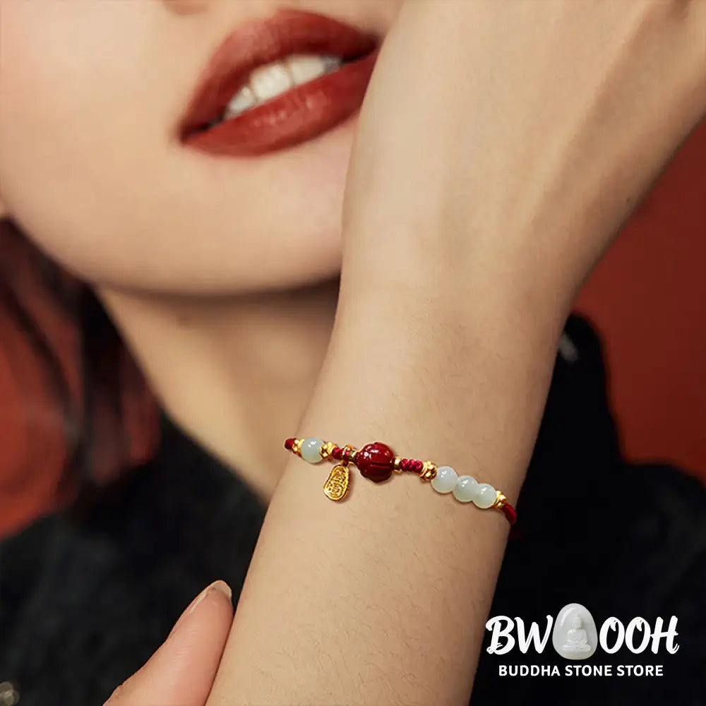 Buddha Stones Fu Character Jade Cinnabar 24K Gold Plated Luck Red String Bracelet - BWOOOH - Jade Cinnabar (Wrist