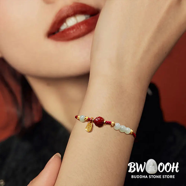 Buddha Stones Fu Character Jade Cinnabar 24K Gold Plated Luck Red String Bracelet - BWOOOH - Jade Cinnabar (Wrist