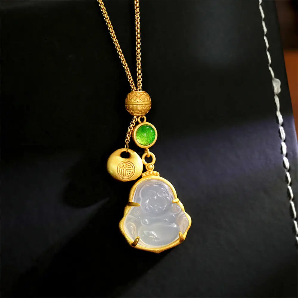 Buddha Stones Fu Character Laughing Buddha Chalcedony Copper Fortune Necklace Pendant - BWOOOH - Laughing Buddha(Size: