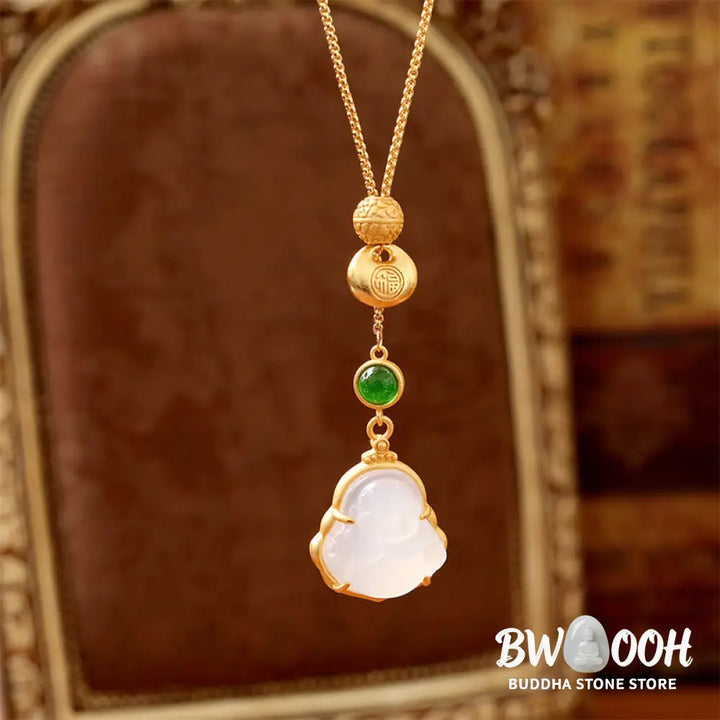 Buddha Stones Fu Character Laughing Buddha Chalcedony Copper Fortune Necklace Pendant - BWOOOH - Laughing Buddha(Size: