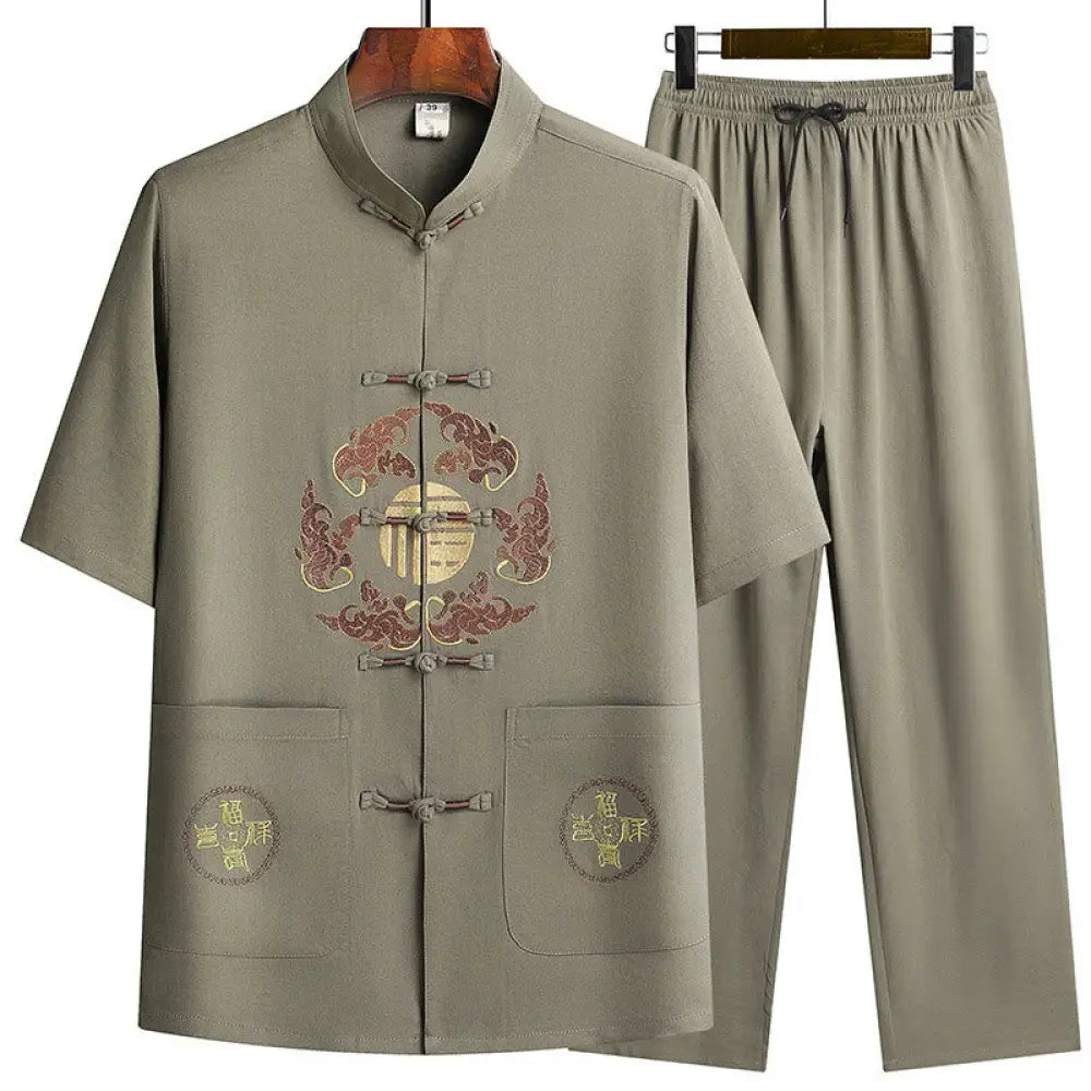 Buddha Stones Fu Character Tang Suit Hanfu Traditional Uniform Short Sleeve Top Pants Clothing Men’s Set - Army