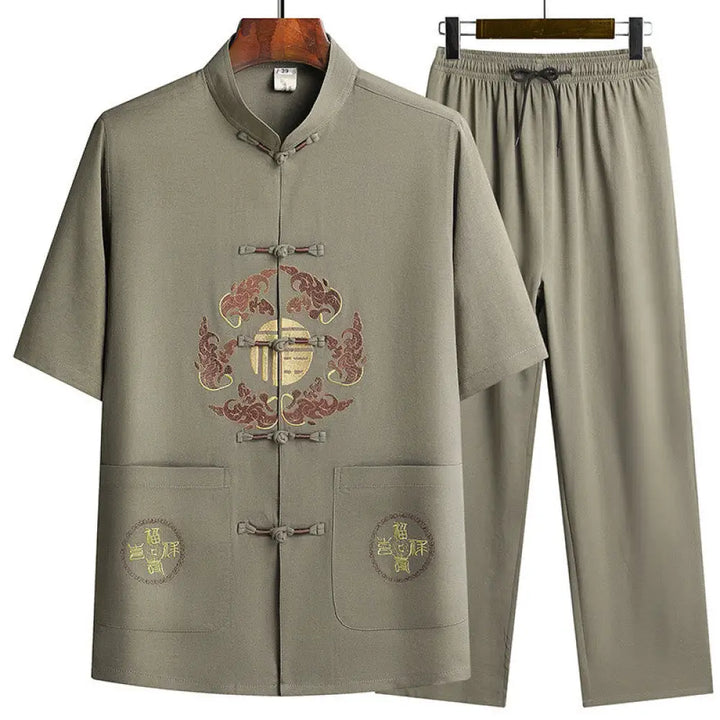 Buddha Stones Fu Character Tang Suit Hanfu Traditional Uniform Short Sleeve Top Pants Clothing Men’s Set - Army