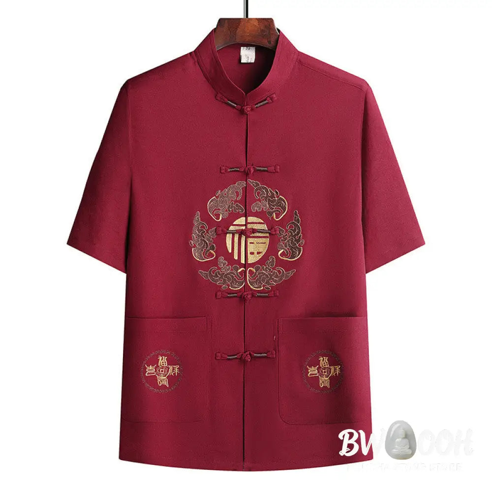 Buddha Stones Fu Character Tang Suit Hanfu Traditional Uniform Short Sleeve Top Pants Clothing Men’s Set - Men’s