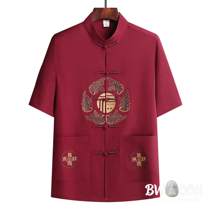 Buddha Stones Fu Character Tang Suit Hanfu Traditional Uniform Short Sleeve Top Pants Clothing Men’s Set - Men’s