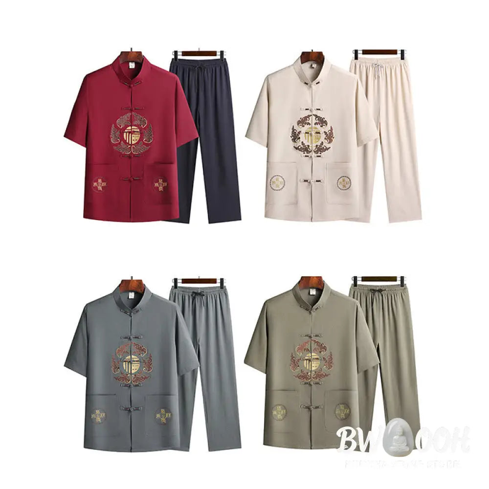 Buddha Stones Fu Character Tang Suit Hanfu Traditional Uniform Short Sleeve Top Pants Clothing Men’s Set - Men’s