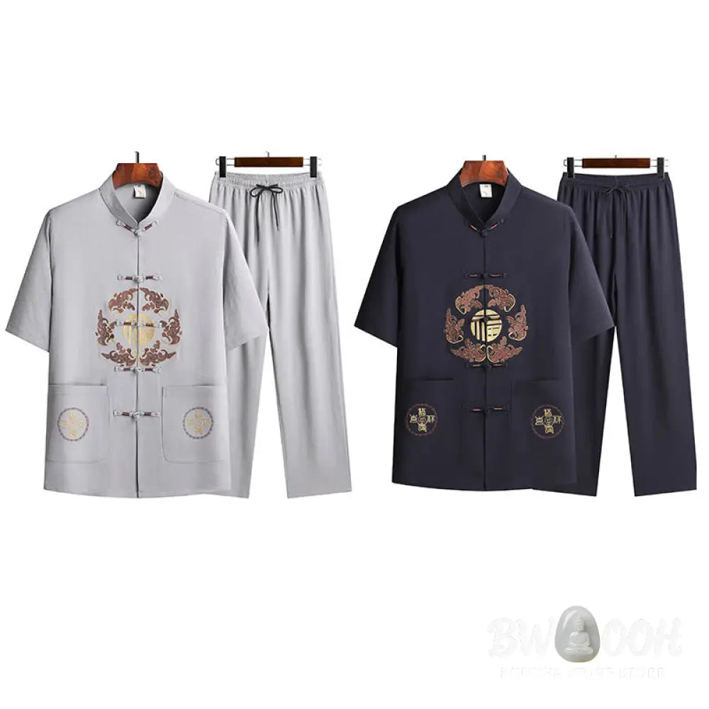 Buddha Stones Fu Character Tang Suit Hanfu Traditional Uniform Short Sleeve Top Pants Clothing Men’s Set - Men’s