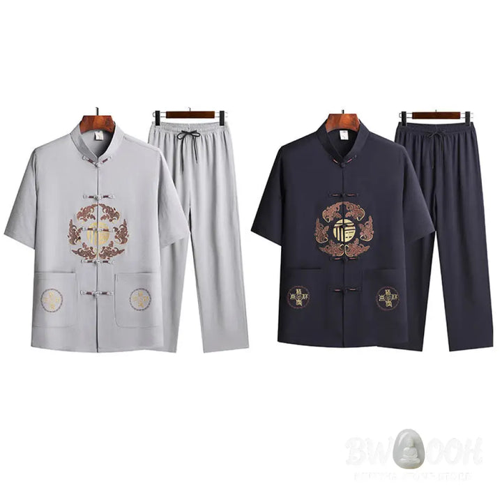 Buddha Stones Fu Character Tang Suit Hanfu Traditional Uniform Short Sleeve Top Pants Clothing Men’s Set - Men’s