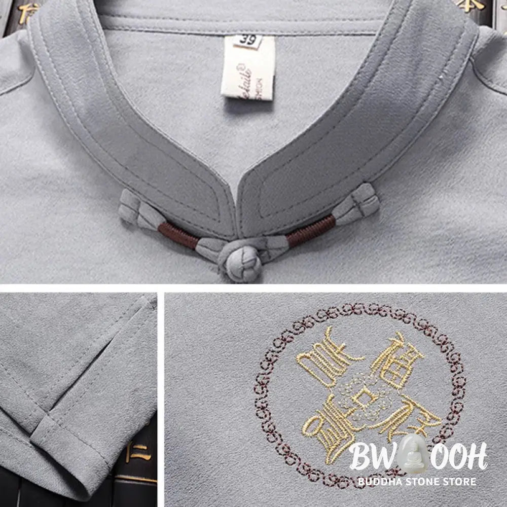 Buddha Stones Fu Character Tang Suit Hanfu Traditional Uniform Short Sleeve Top Pants Clothing Men’s Set - Men’s