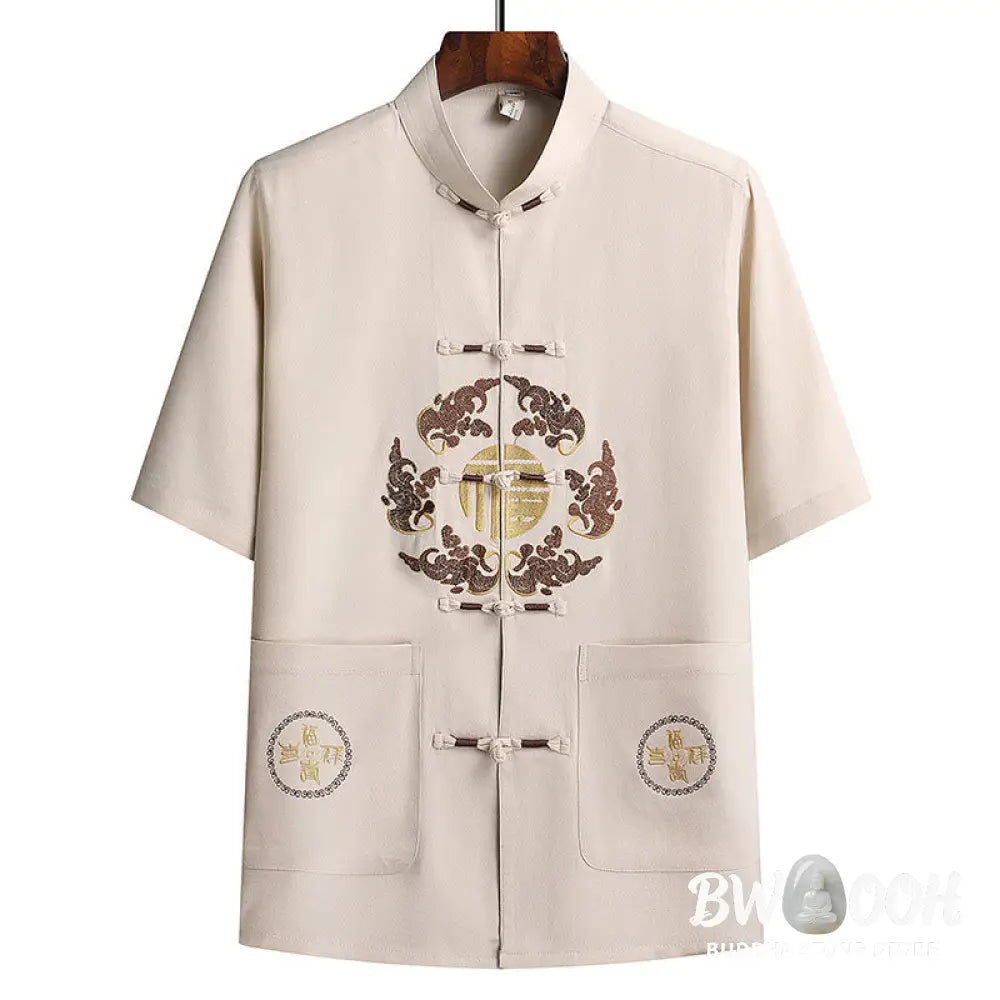 Buddha Stones Fu Character Tang Suit Hanfu Traditional Uniform Short Sleeve Top Pants Clothing Men’s Set - Men’s