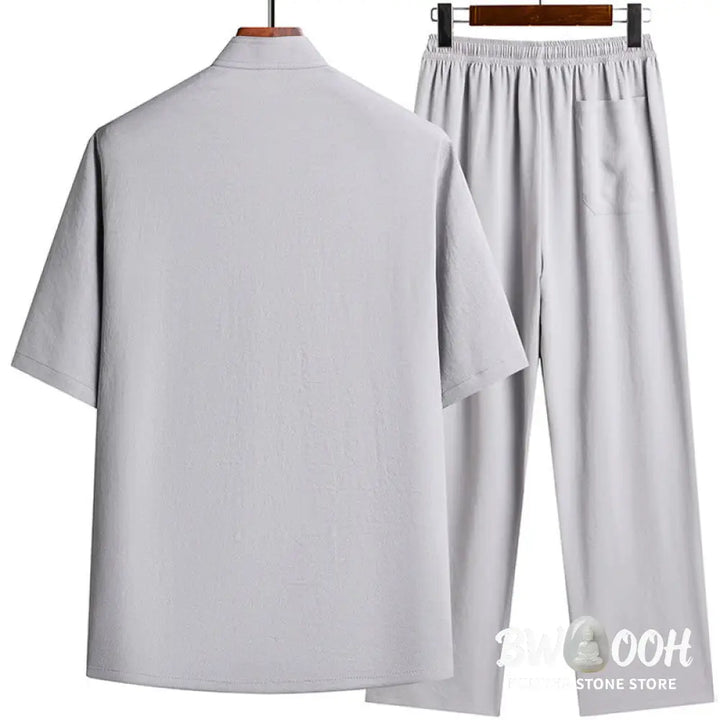 Buddha Stones Fu Character Tang Suit Hanfu Traditional Uniform Short Sleeve Top Pants Clothing Men’s Set - Men’s