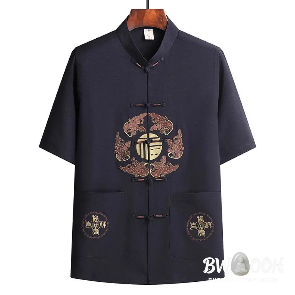 Buddha Stones Fu Character Tang Suit Hanfu Traditional Uniform Short Sleeve Top Pants Clothing Men’s Set - Men’s
