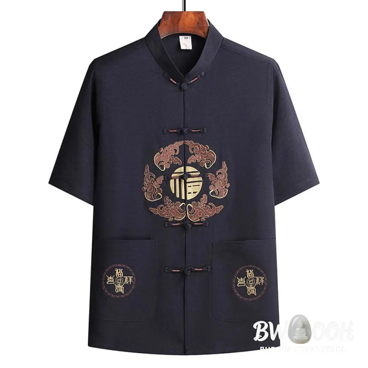 Buddha Stones Fu Character Tang Suit Hanfu Traditional Uniform Short Sleeve Top Pants Clothing Men’s Set - Men’s
