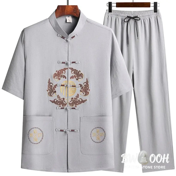 Buddha Stones Fu Character Tang Suit Hanfu Traditional Uniform Short Sleeve Top Pants Clothing Men’s Set - Men’s