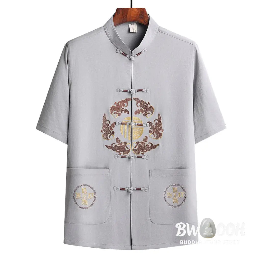 Buddha Stones Fu Character Tang Suit Hanfu Traditional Uniform Short Sleeve Top Pants Clothing Men’s Set - Men’s