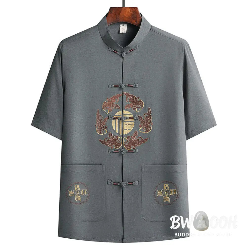 Buddha Stones Fu Character Tang Suit Hanfu Traditional Uniform Short Sleeve Top Pants Clothing Men’s Set - Men’s