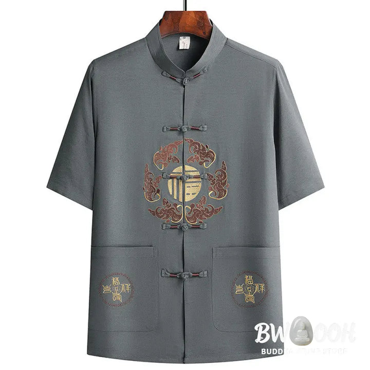 Buddha Stones Fu Character Tang Suit Hanfu Traditional Uniform Short Sleeve Top Pants Clothing Men’s Set - Men’s