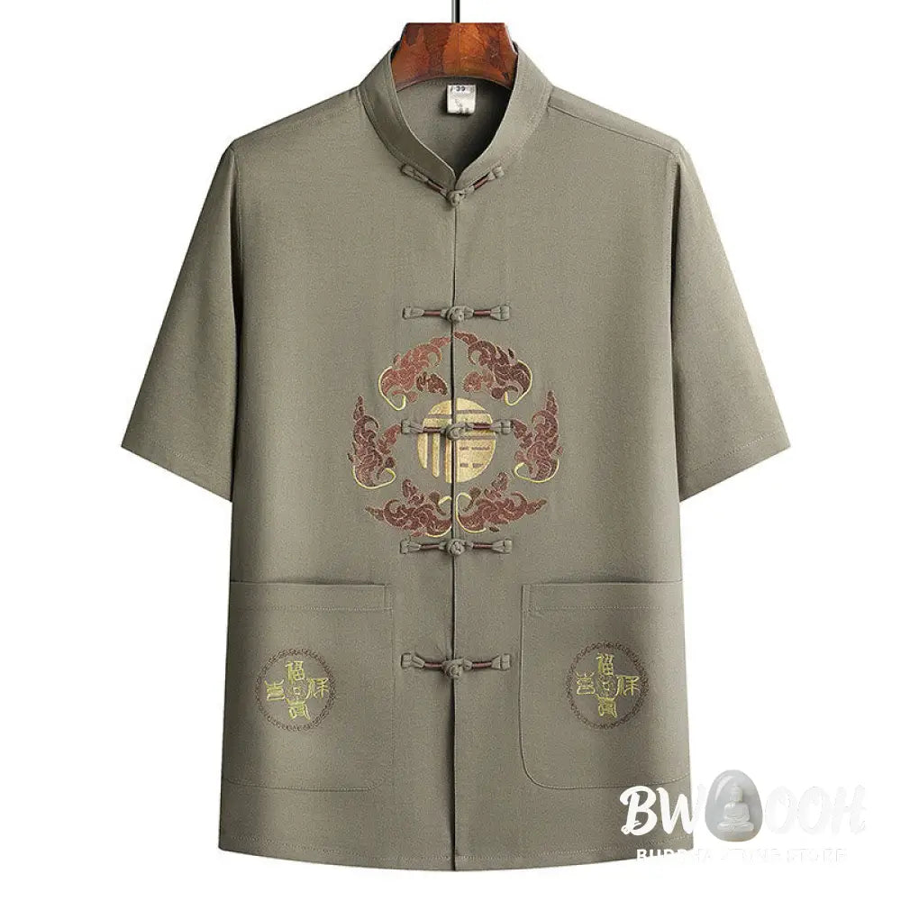 Buddha Stones Fu Character Tang Suit Hanfu Traditional Uniform Short Sleeve Top Pants Clothing Men’s Set - Men’s