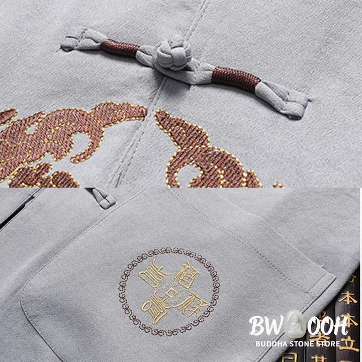 Buddha Stones Fu Character Tang Suit Hanfu Traditional Uniform Short Sleeve Top Pants Clothing Men’s Set - Men’s