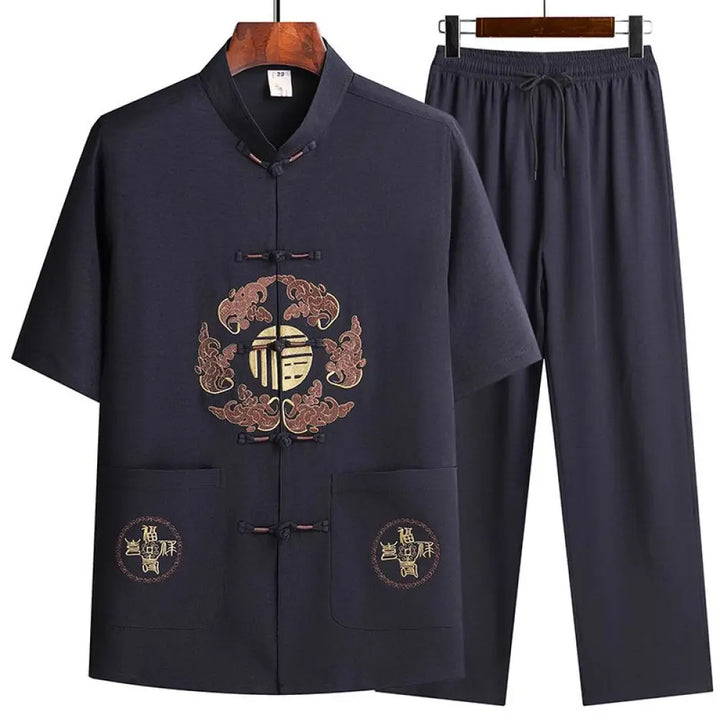 Buddha Stones Fu Character Tang Suit Hanfu Traditional Uniform Short Sleeve Top Pants Clothing Men’s Set - Navy