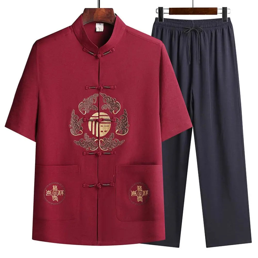Buddha Stones Fu Character Tang Suit Hanfu Traditional Uniform Short Sleeve Top Pants Clothing Men’s Set