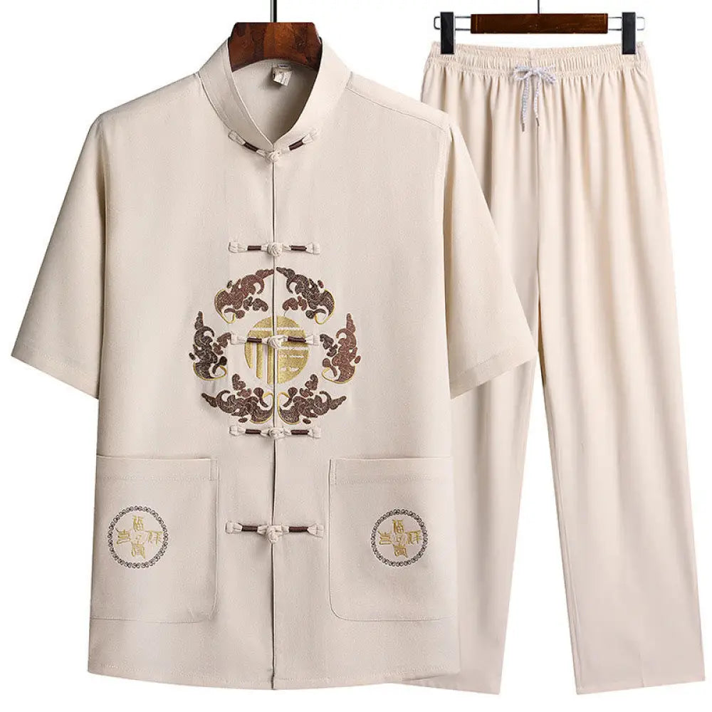 Buddha Stones Fu Character Tang Suit Hanfu Traditional Uniform Short Sleeve Top Pants Clothing Men’s Set