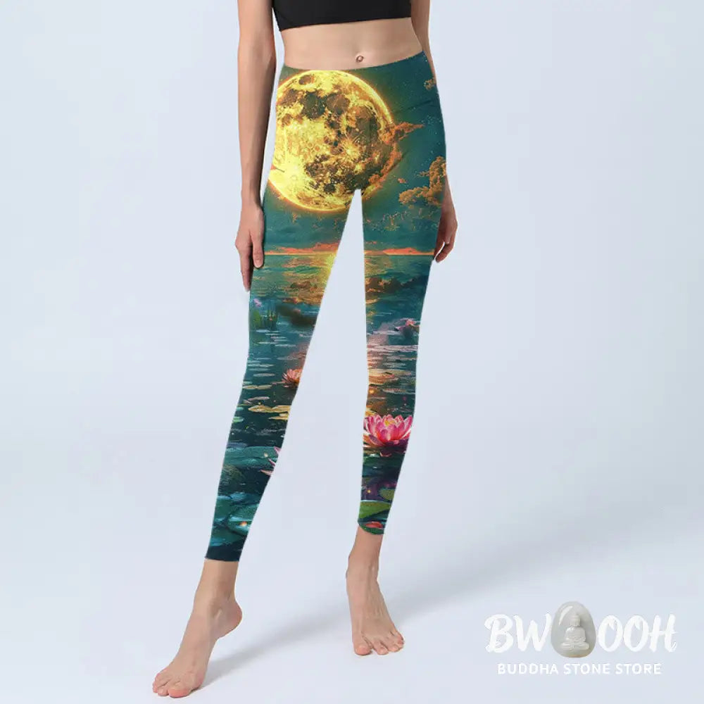 BWOOOH lotus print yoga leggings - Full Moon Lotus Flowers Leaves Pattern P
