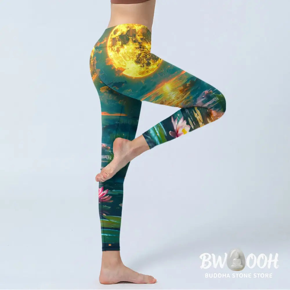 BWOOOH lotus print yoga leggings - Full Moon Lotus Flowers Leaves Pattern P