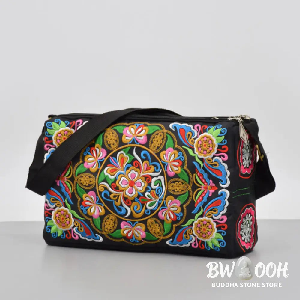 Buddha Stones Galsang Inula Flower Peony Peacock Double-Sided Embroidery Canvas Shopping Purse Handbag Crossbody Bag
