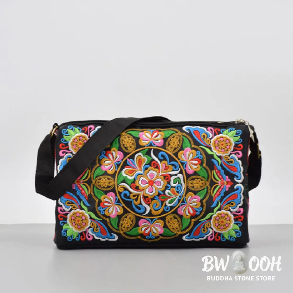 Buddha Stones Galsang Inula Flower Peony Peacock Double-Sided Embroidery Canvas Shopping Purse Handbag Crossbody Bag