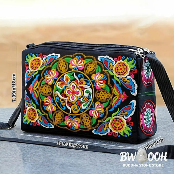 Buddha Stones Galsang Inula Flower Peony Peacock Double-Sided Embroidery Canvas Shopping Purse Handbag Crossbody Bag