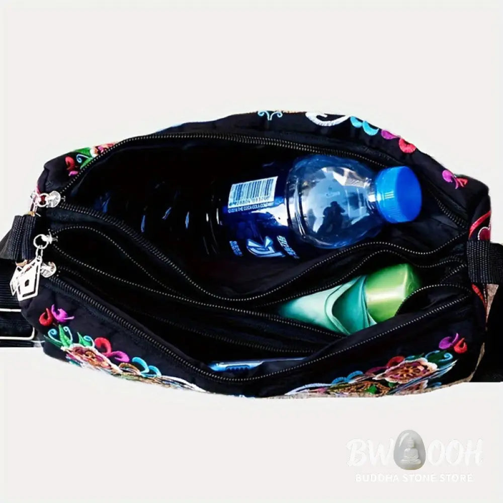 Buddha Stones Galsang Inula Flower Peony Peacock Double-Sided Embroidery Canvas Shopping Purse Handbag Crossbody Bag