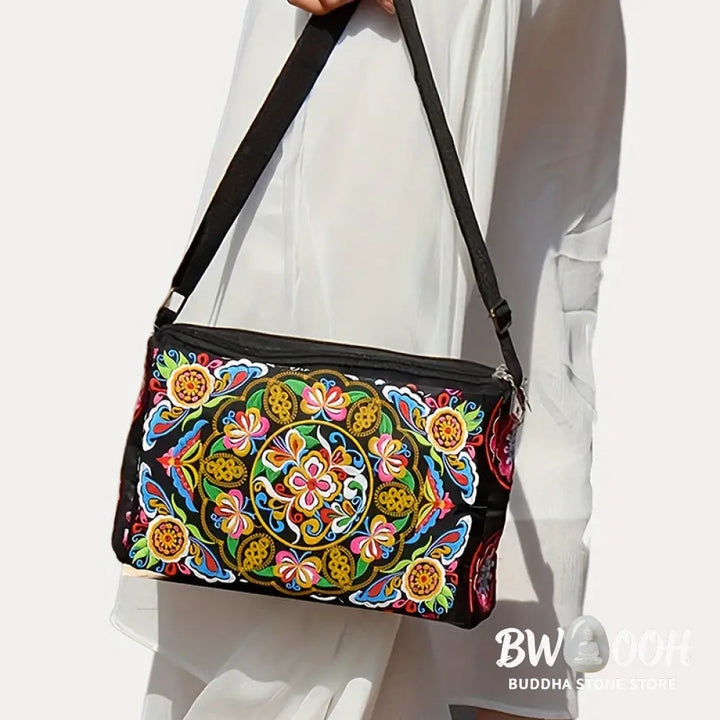 Buddha Stones Galsang Inula Flower Peony Peacock Double-Sided Embroidery Canvas Shopping Purse Handbag Crossbody Bag