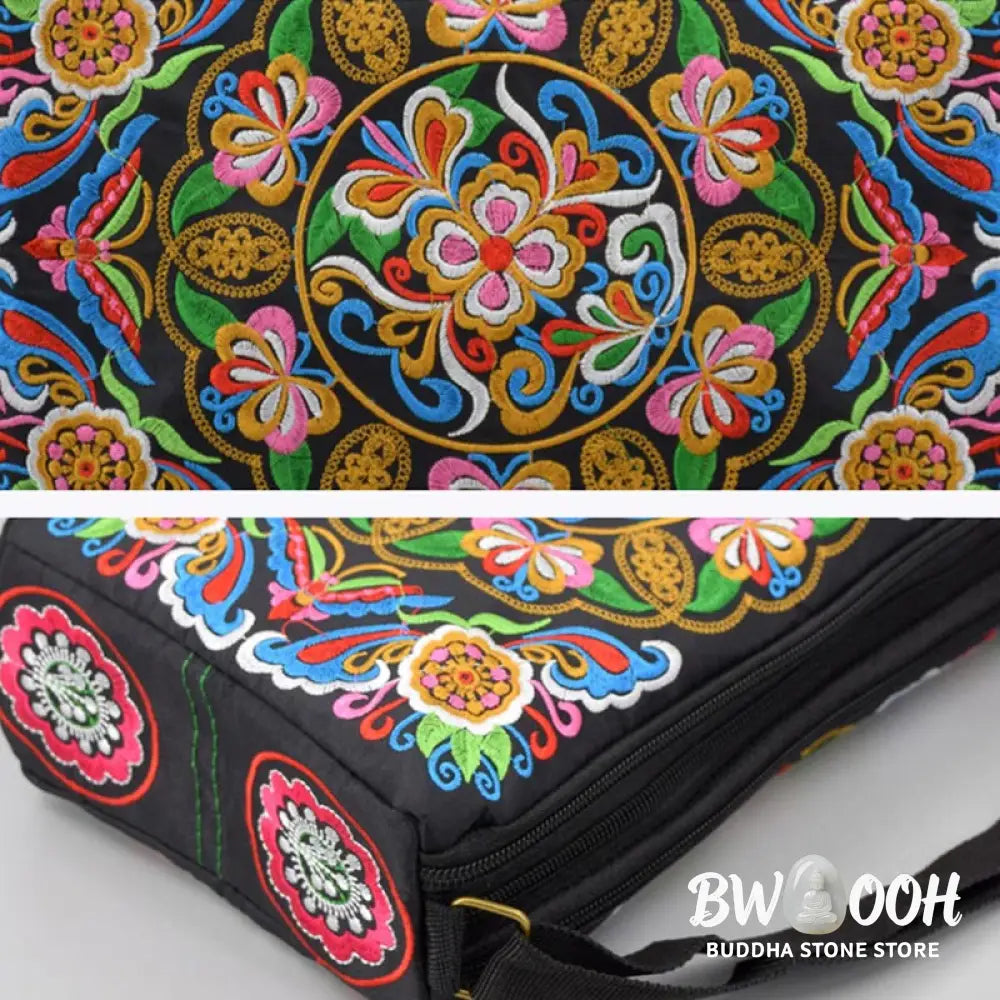 Buddha Stones Galsang Inula Flower Peony Peacock Double-Sided Embroidery Canvas Shopping Purse Handbag Crossbody Bag