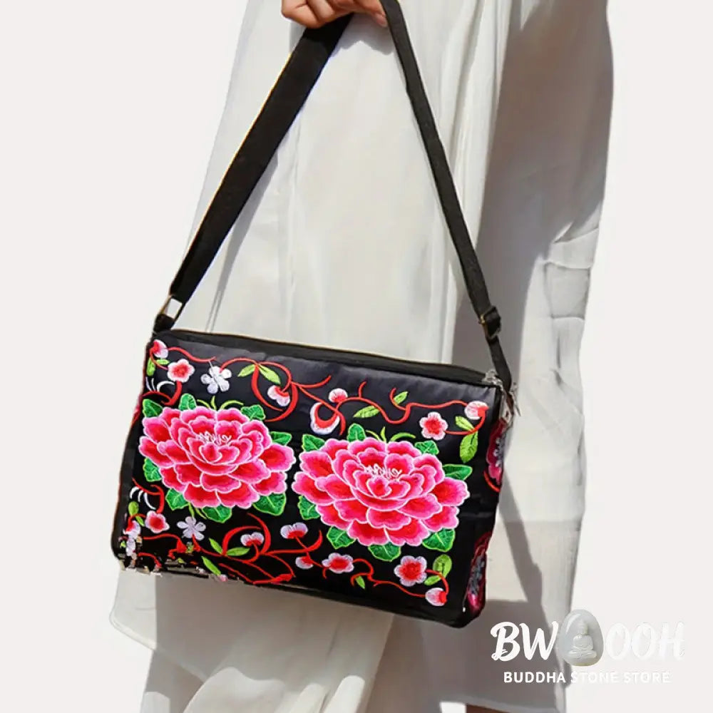 Buddha Stones Galsang Inula Flower Peony Peacock Double-Sided Embroidery Canvas Shopping Purse Handbag Crossbody Bag