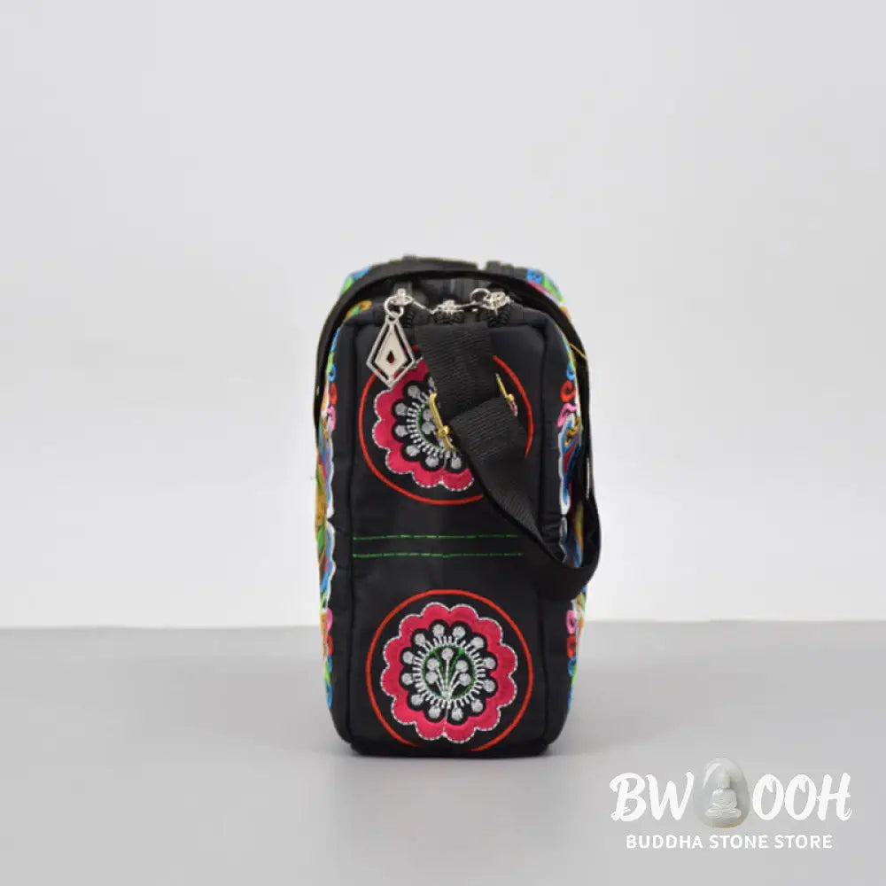 Buddha Stones Galsang Inula Flower Peony Peacock Double-Sided Embroidery Canvas Shopping Purse Handbag Crossbody Bag