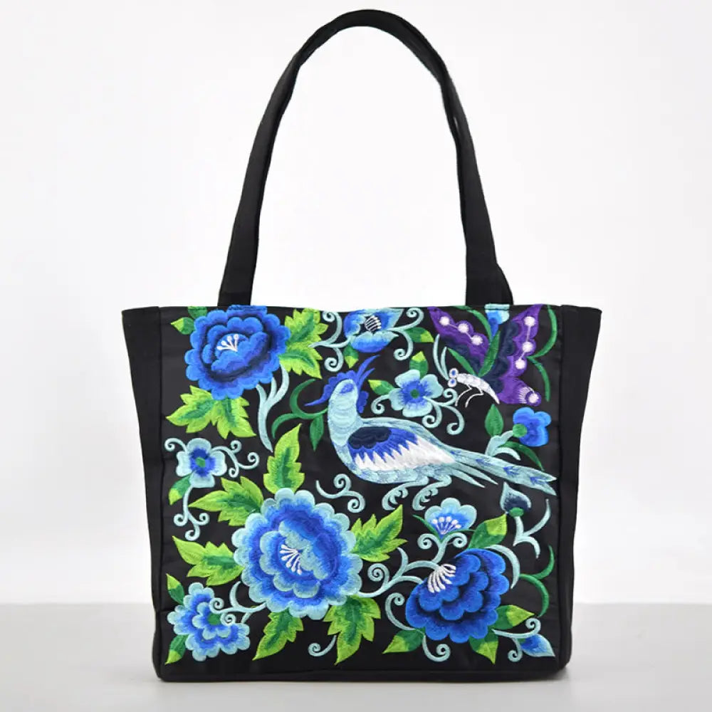 Buddha Stones Galsang Magpie Peony Camellia Chrysanthemum Embroidery Canvas Shopping Purse Handbag Shoulder Bag - Blue