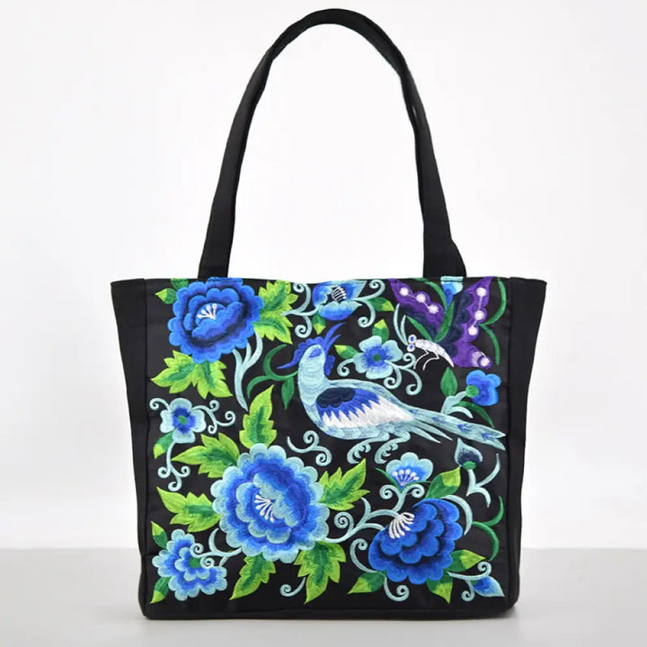 Buddha Stones Galsang Magpie Peony Camellia Chrysanthemum Embroidery Canvas Shopping Purse Handbag Shoulder Bag - Blue