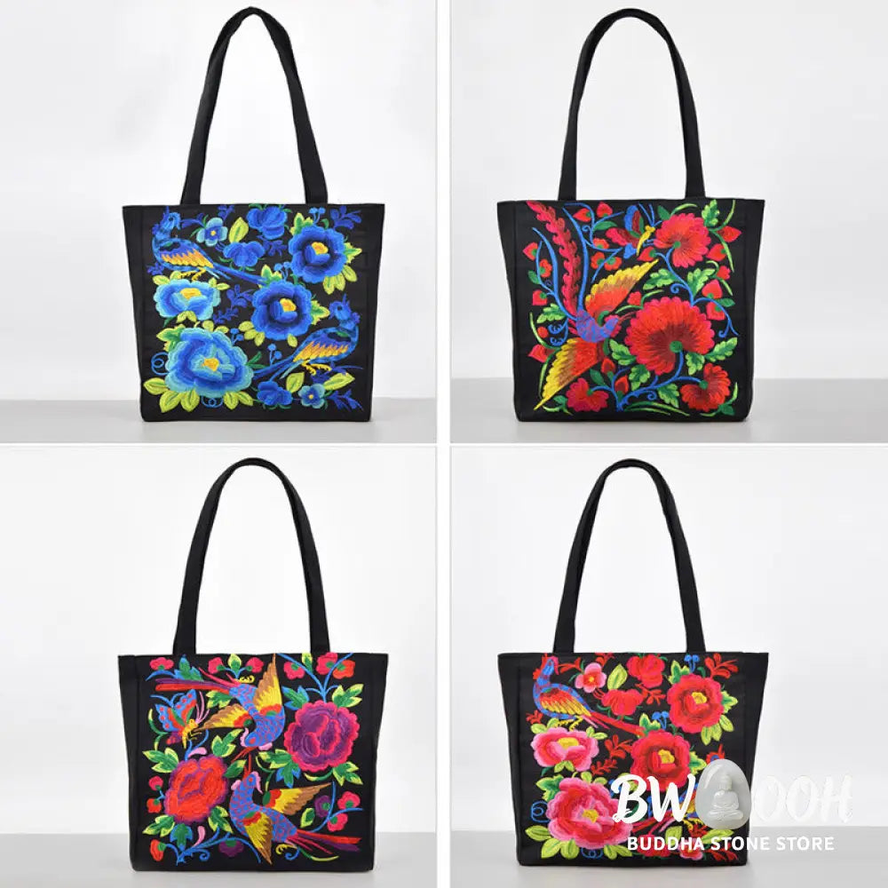 Buddha Stones Galsang Magpie Peony Camellia Chrysanthemum Embroidery Canvas Shopping Purse Handbag Shoulder Bag