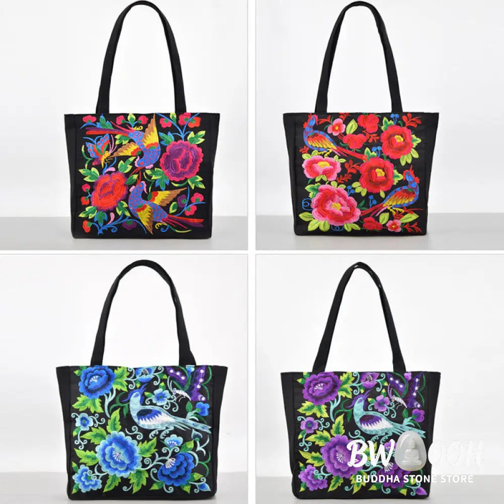 Buddha Stones Galsang Magpie Peony Camellia Chrysanthemum Embroidery Canvas Shopping Purse Handbag Shoulder Bag