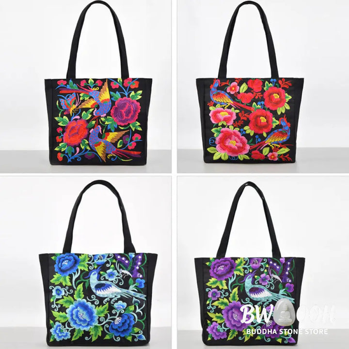 Buddha Stones Galsang Magpie Peony Camellia Chrysanthemum Embroidery Canvas Shopping Purse Handbag Shoulder Bag