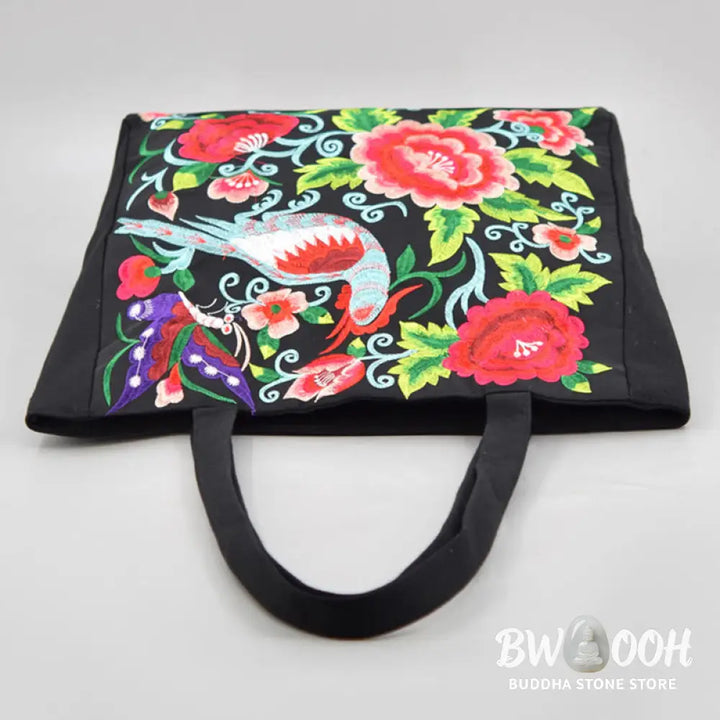 Buddha Stones Galsang Magpie Peony Camellia Chrysanthemum Embroidery Canvas Shopping Purse Handbag Shoulder Bag