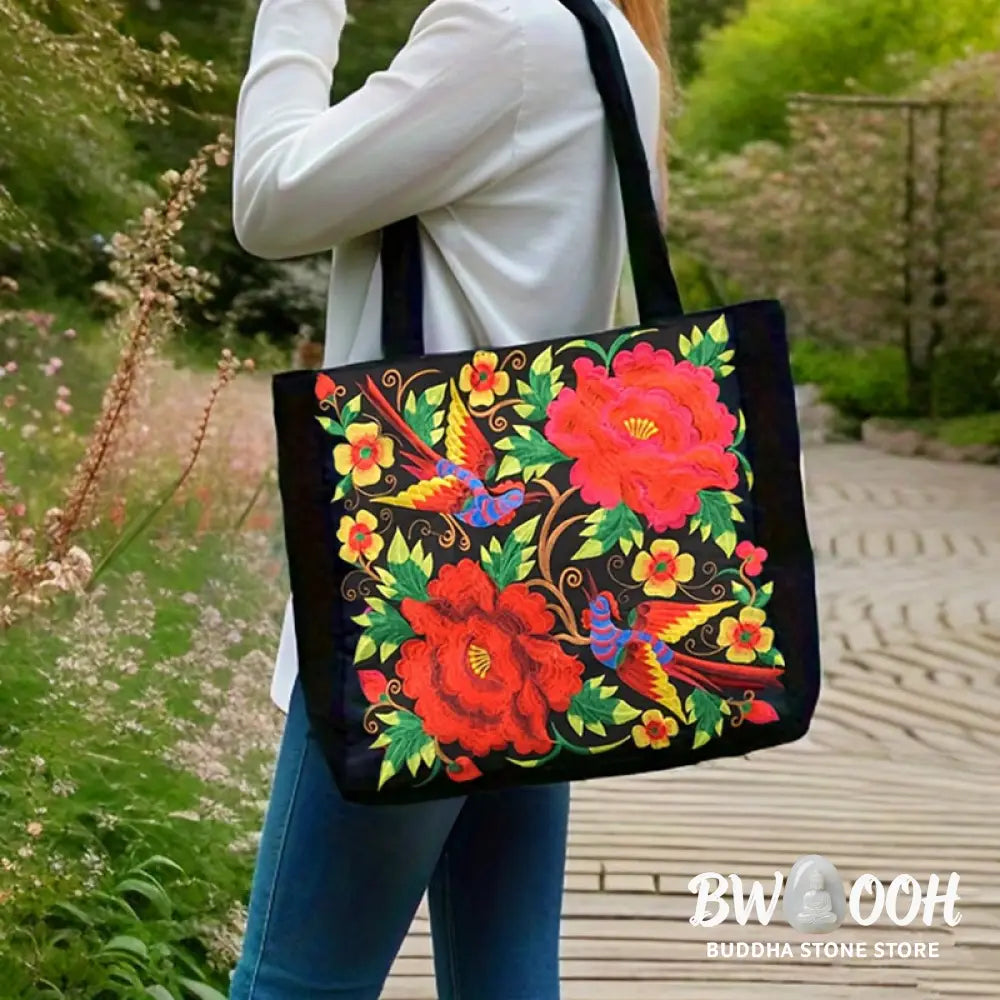 Buddha Stones Galsang Magpie Peony Camellia Chrysanthemum Embroidery Canvas Shopping Purse Handbag Shoulder Bag