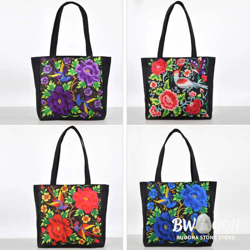 Buddha Stones Galsang Magpie Peony Camellia Chrysanthemum Embroidery Canvas Shopping Purse Handbag Shoulder Bag