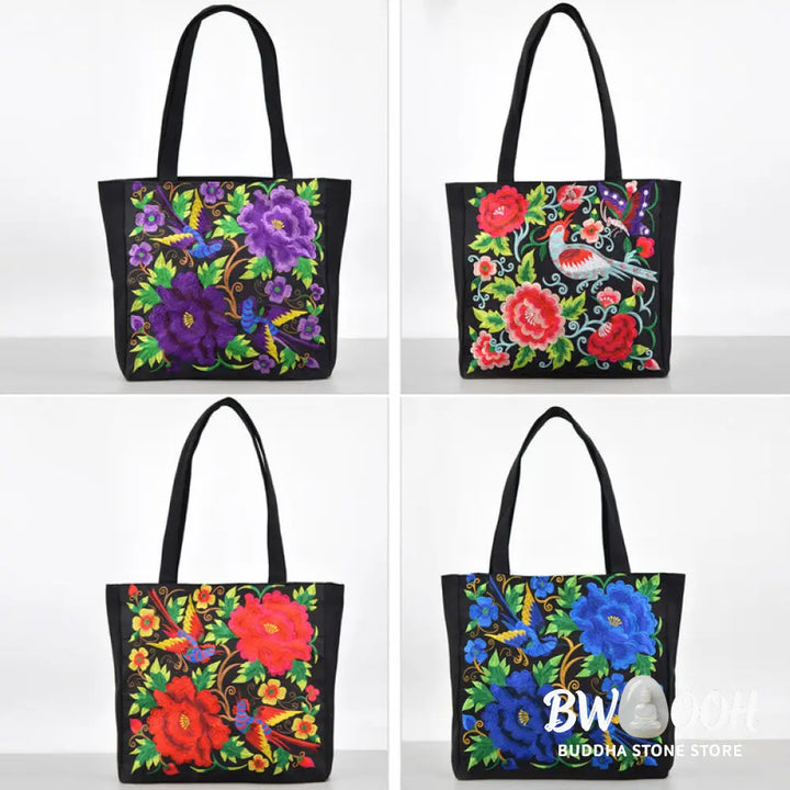 Buddha Stones Galsang Magpie Peony Camellia Chrysanthemum Embroidery Canvas Shopping Purse Handbag Shoulder Bag