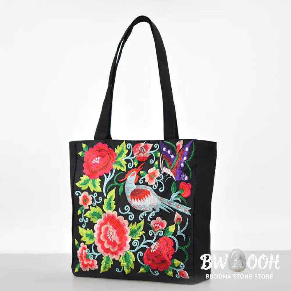 Buddha Stones Galsang Magpie Peony Camellia Chrysanthemum Embroidery Canvas Shopping Purse Handbag Shoulder Bag